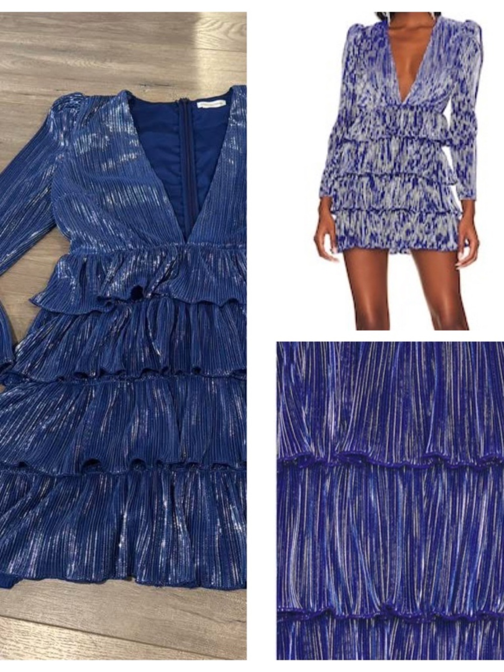 Lovers + Friends Mya mini blue and Silver plunge ruffle dress